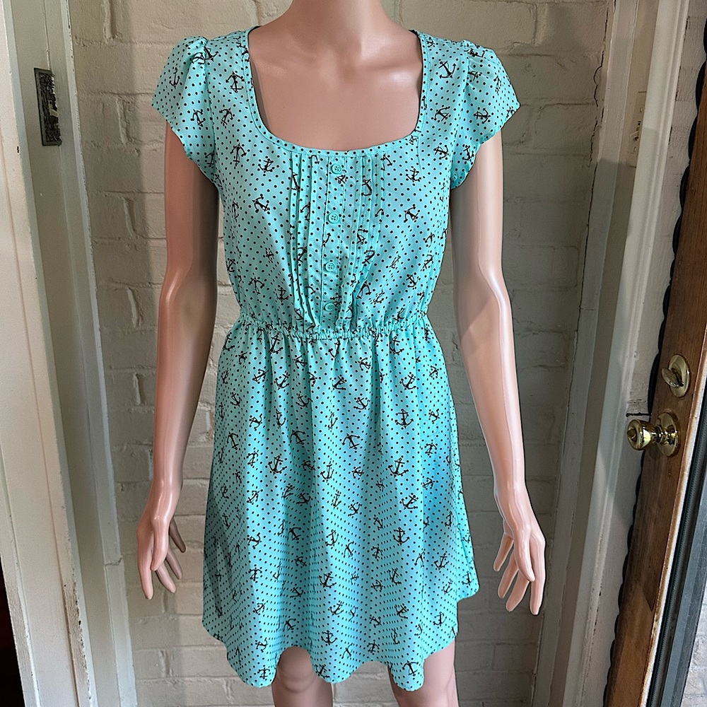 Xhilaration size medium aqua blue and gray summer anchor pattern dress